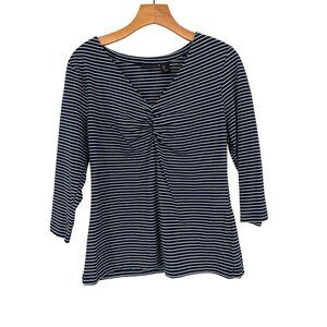 Tahari Womens Striped V-Neck Top Navy White3/4 Sleeve Cotton Blend Size Large